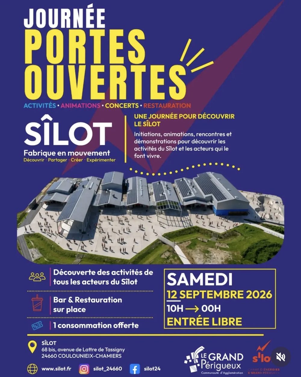 Affiche des portes ouvertes du Sîlot, samedi 12 septembre 2026, de 10 h à minuit, entrée libre